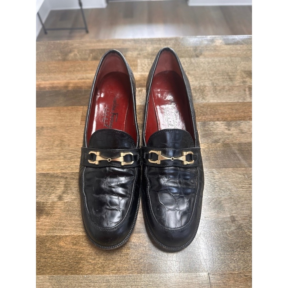 Salvatore Ferragamo Sport Black Croc Embossed Gancini Bit Loafers 7 3A Narrow - Picture 1 of 9